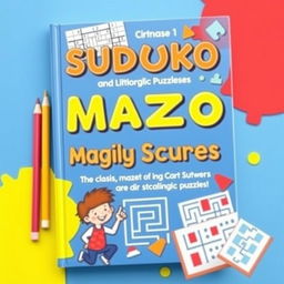 A vibrant and engaging book cover featuring Sudoku, maze, and magic squares puzzles