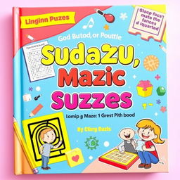 A vibrant and engaging book cover featuring Sudoku, maze, and magic squares puzzles