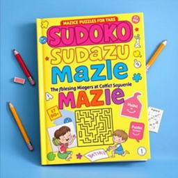 A vibrant and engaging book cover featuring Sudoku, maze, and magic squares puzzles