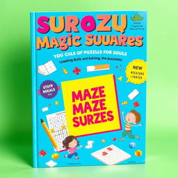 A vibrant and engaging book cover featuring Sudoku, maze, and magic squares puzzles