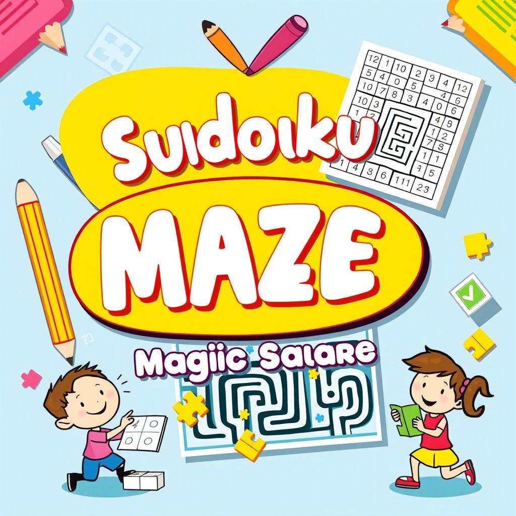 A vibrant and engaging image featuring Sudoku, maze, and magic squares puzzles