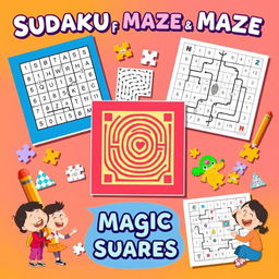 A vibrant and engaging image featuring Sudoku, maze, and magic squares puzzles