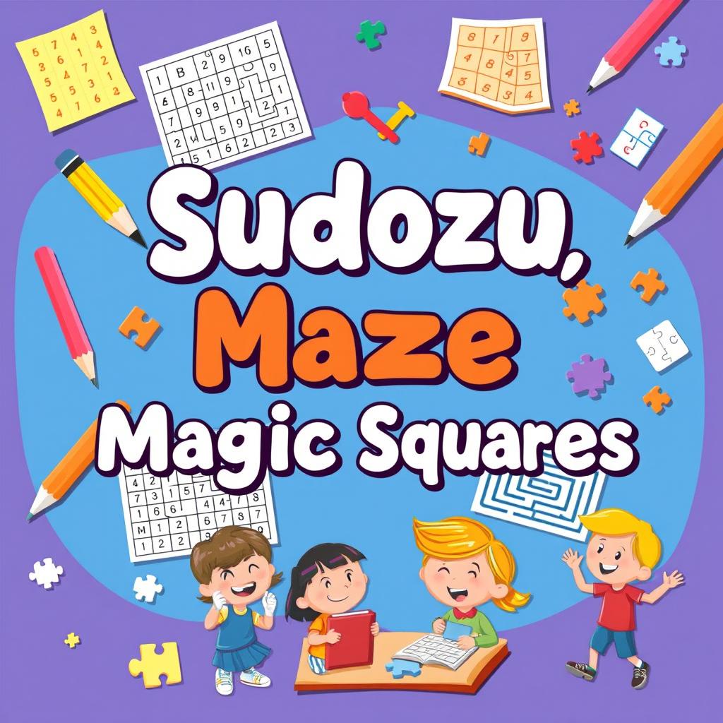 A vibrant and engaging image featuring Sudoku, maze, and magic squares puzzles