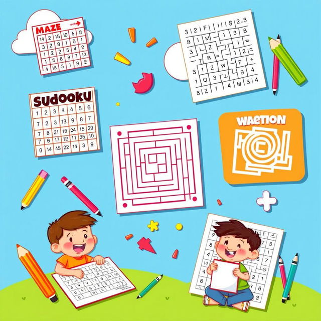 A vibrant and engaging image featuring Sudoku, maze, magic squares puzzles, and coloring sections