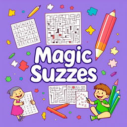 A vibrant and engaging image featuring Sudoku, maze, magic squares puzzles, and coloring sections