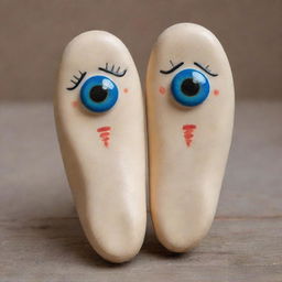 A whimsical shoe sole with adorable eyes, arms, and legs, giving it a sense of life and character.