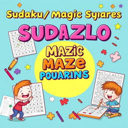 A vibrant and engaging image featuring Sudoku, maze, magic squares puzzles, and coloring sections