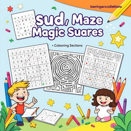 A vibrant and engaging image featuring Sudoku, maze, magic squares puzzles, and coloring sections