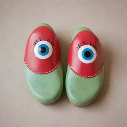 A whimsical shoe sole with adorable eyes, arms, and legs, giving it a sense of life and character.