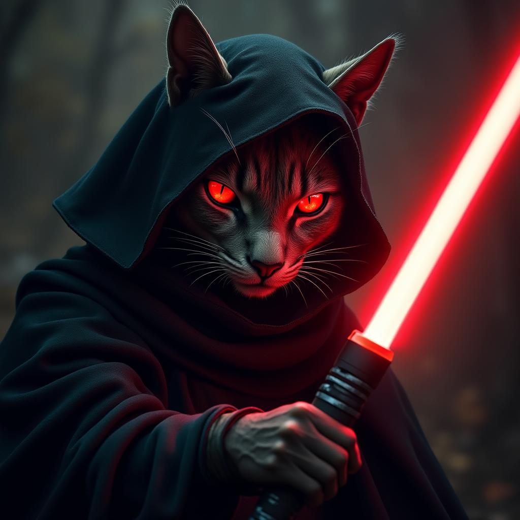 A high-quality, cinematic illustration of an assassin Tabaxi with red eyes, wearing a hood, and holding a red lightsaber in a fantasy setting