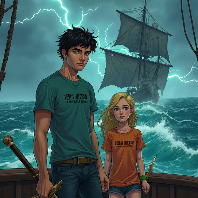 Percy Jackson and Annabeth Chase stand on the deck of the Queen Anne's Revenge amidst a stormy sea, facing a massive sea monster