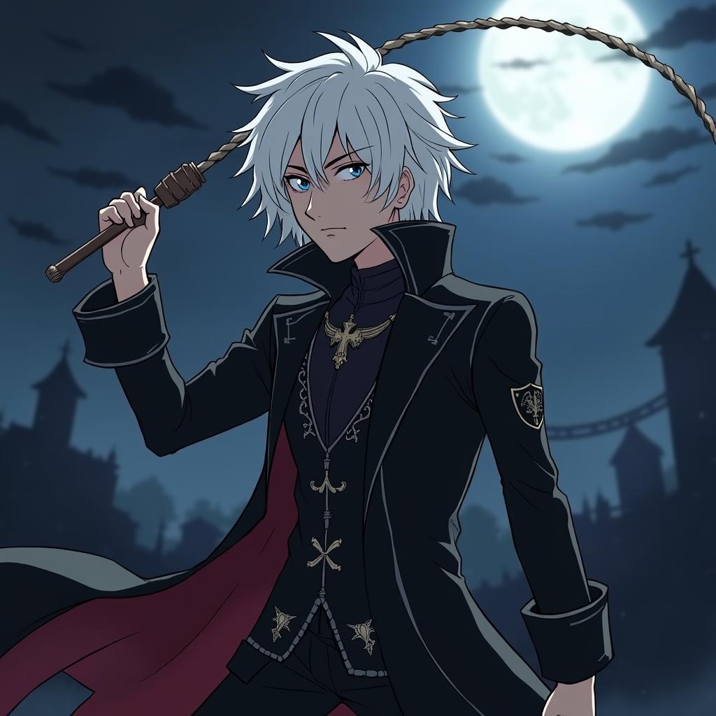 Young white-haired Juste Belmont holding a whip, depicted in the dark and detailed style of Netflix's Castlevania anime, with a gothic outfit and an ominous background