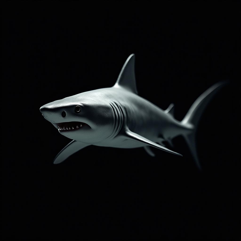 A highly detailed image of a shark against a black background, highlighting its sharp teeth, sleek body, and powerful fins with dramatic lighting