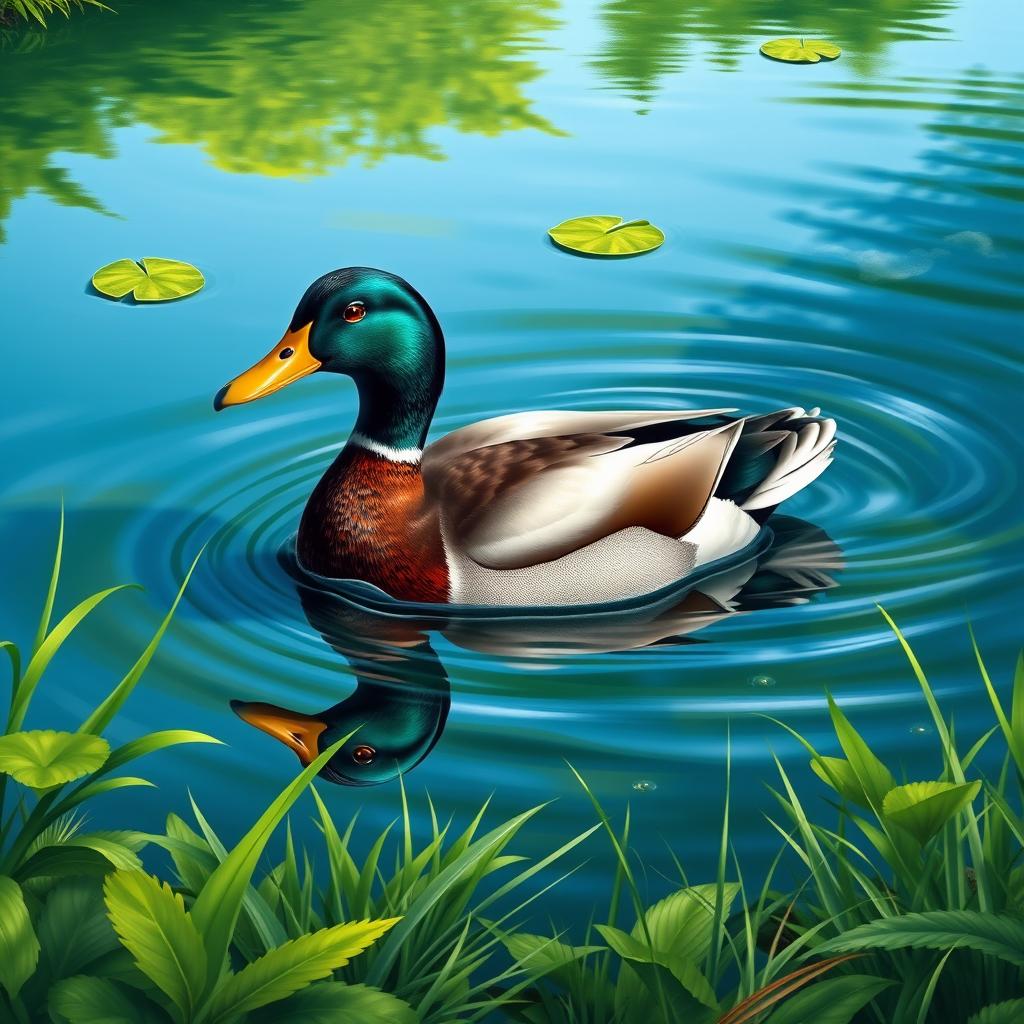 A realistic and detailed image of a duck swimming in a serene pond surrounded by lush greenery