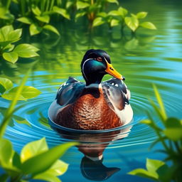 A realistic and detailed image of a duck swimming in a serene pond surrounded by lush greenery