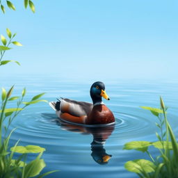 A realistic and detailed image of a duck swimming in a serene pond surrounded by lush greenery