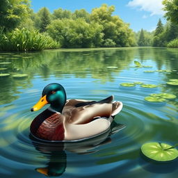 A realistic and detailed image of a duck swimming in a serene pond surrounded by lush greenery