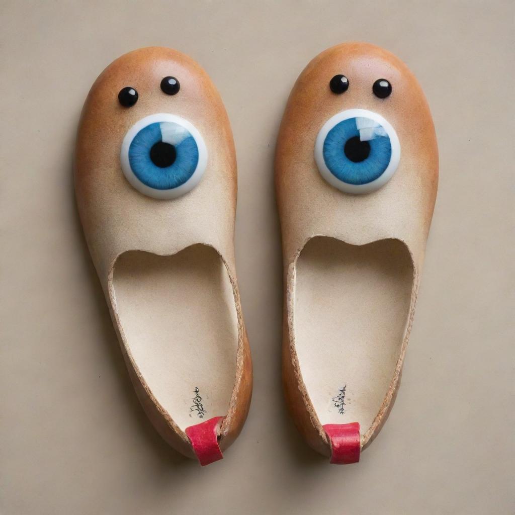 A whimsical shoe sole with adorable eyes, arms, and legs, giving it a sense of life and character.