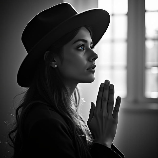 Black and white image of a young Latina woman with blue eyes, long hair, and a large hat praying in the light of church windows, with light streaming from behind