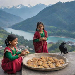 Children in traditional Indian attire offering sweets to crows on a rustic rooftop, with the lush green hills, beautiful lakes, and snow-capped mountains of Uttarakhand in the background.