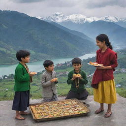 Children in traditional Indian attire offering sweets to crows on a rustic rooftop, with the lush green hills, beautiful lakes, and snow-capped mountains of Uttarakhand in the background.