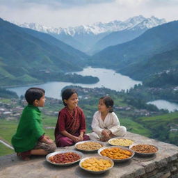 Children in traditional Indian attire offering sweets to crows on a rustic rooftop, with the lush green hills, beautiful lakes, and snow-capped mountains of Uttarakhand in the background.