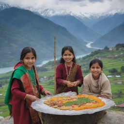 Children in traditional Indian attire offering sweets to crows on a rustic rooftop, with the lush green hills, beautiful lakes, and snow-capped mountains of Uttarakhand in the background.