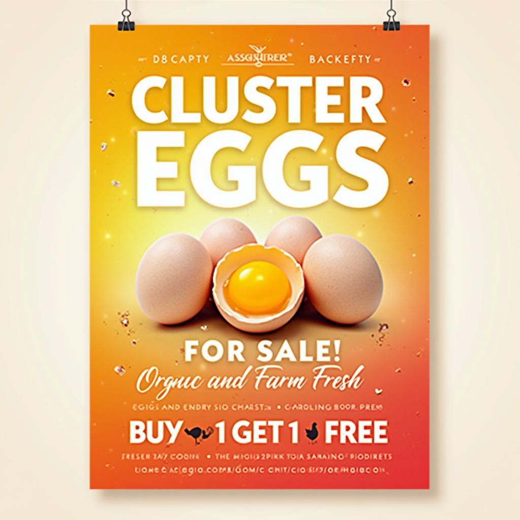 Create a vibrant and eye-catching poster advertising fresh cluster eggs for sale, featuring a cluster of eggs, modern fonts, and rustic decorative elements