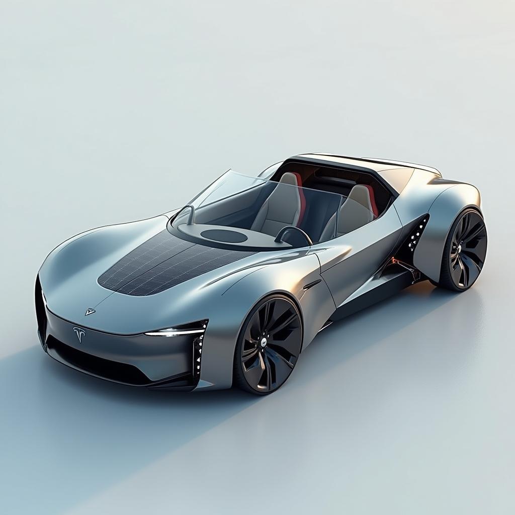 Design a futuristic Tesla-like car with integrated solar panels and a thermoelectric generator for electricity generation