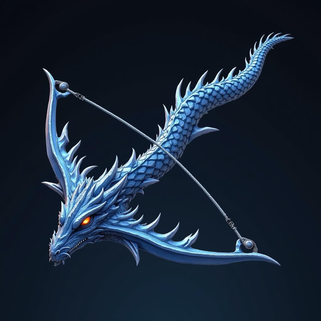 A jagged crossbow designed in the shape of a blue dragon's head, featuring intricate scales, sharp edges, and a mystical aura