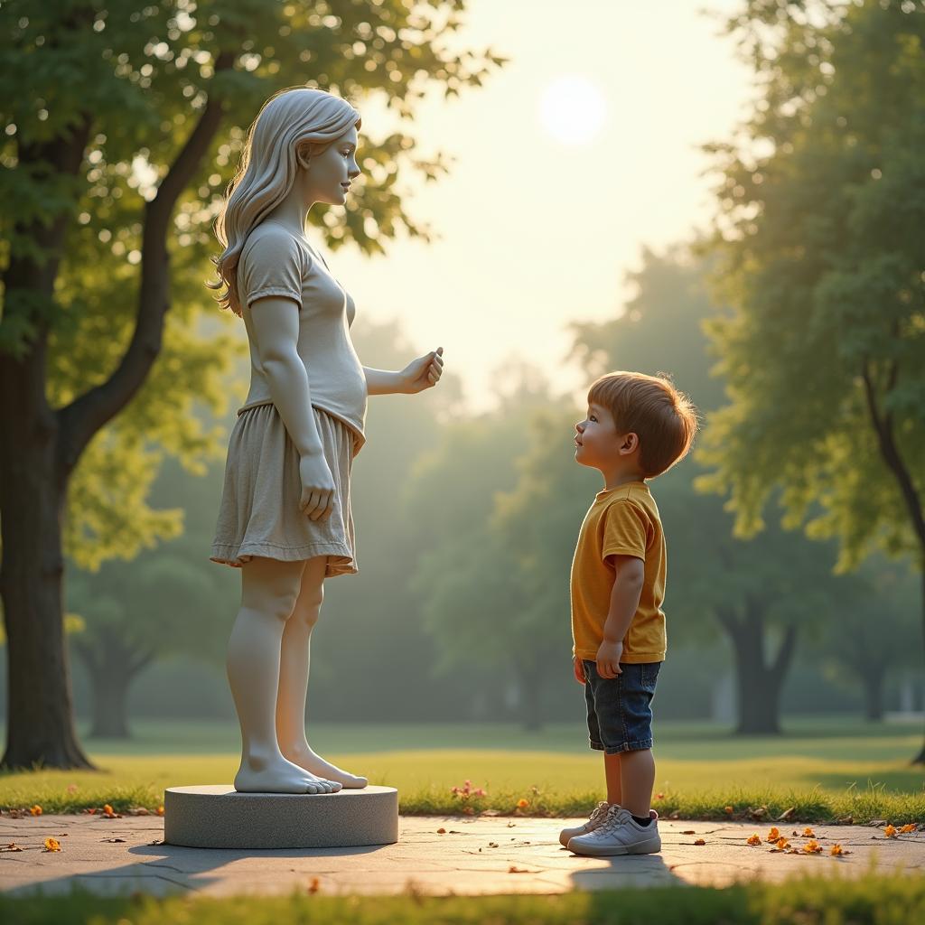 Un niño pequeño mira con asombro una estatua de una chica en un tranquilo parque lleno de árboles y flores bajo un cielo despejado y soleado