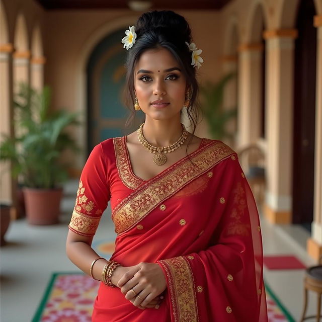 A 40-year-old Indian woman in a red saree with golden embroidery, traditional jewelry, and a modest amount of cleavage, set in a traditional Indian background