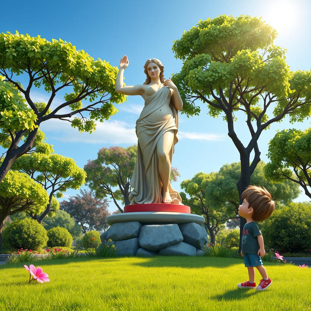 En un parque animado, una estatua de Afrodita en su clásica pose de estatua es observada por un niño pequeño