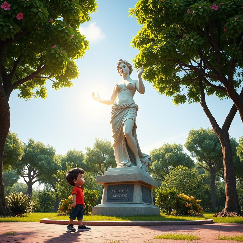 En un parque animado, una estatua de Afrodita en su clásica pose de estatua es observada por un niño pequeño