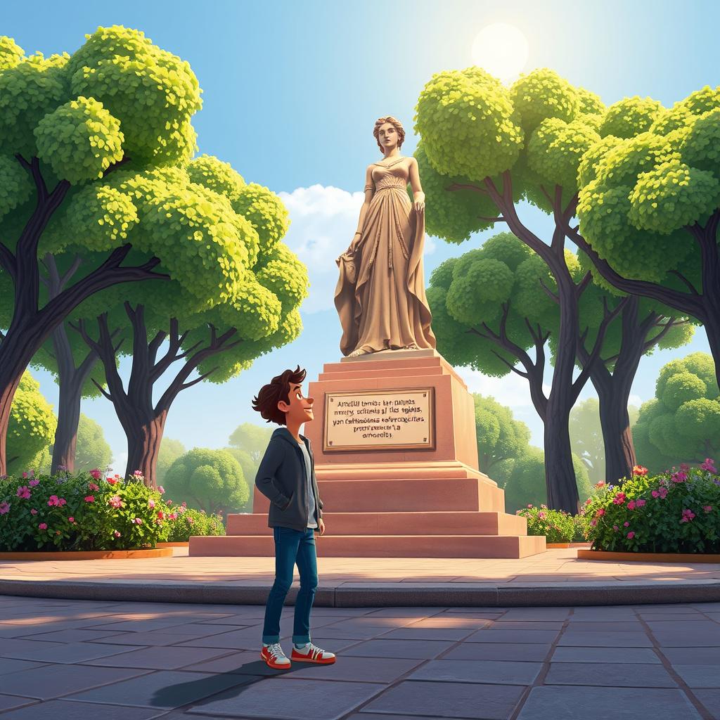 En un parque animado, Alex está de pie frente a una estatua de Afrodita con una expresión de nuevo aprecio