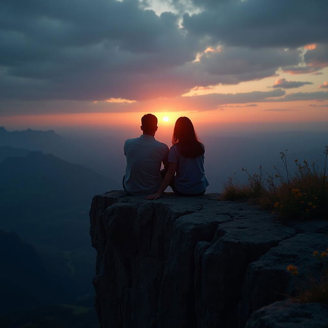 Two people in love sit on a cliff edge at twilight, illuminated by the setting sun