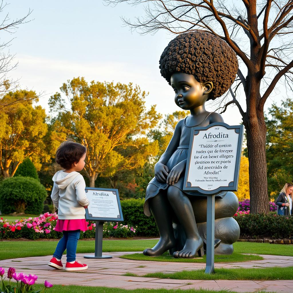 En un parque animado, una estatua de Afrodita está hablando con un niño pequeño