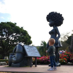 En un parque animado, una estatua de Afrodita está hablando con un niño pequeño