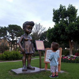 En un parque animado, una estatua de Afrodita está hablando con un niño pequeño