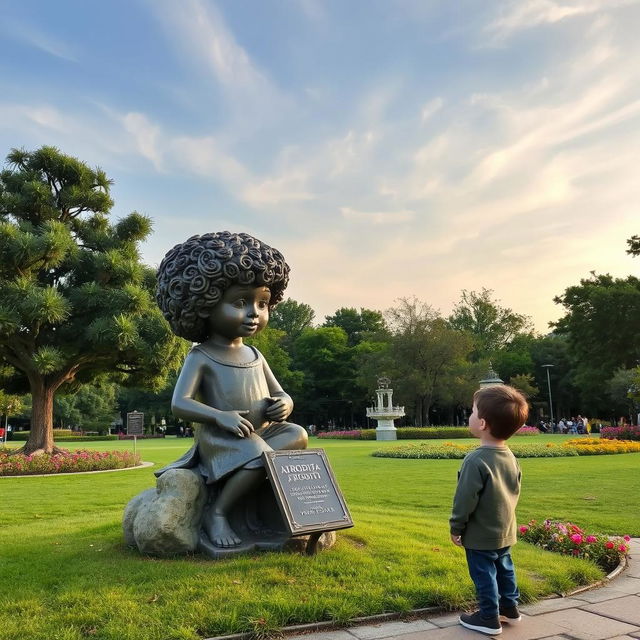 En un parque animado, una estatua de Afrodita está hablando con un niño pequeño