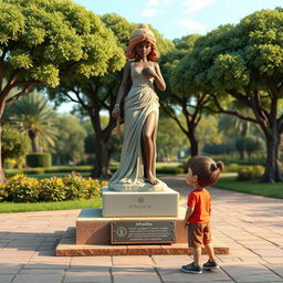 En un parque animado, una estatua de Afrodita está en su clásica pose de estatua mientras un niño pequeño la observa