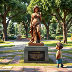 En un parque animado, una estatua de Afrodita está en su clásica pose de estatua mientras un niño pequeño la observa