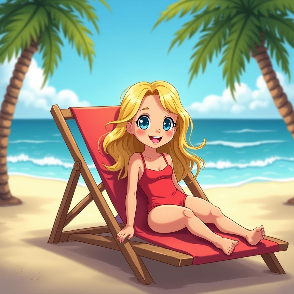 A girl with blond hair, blue eyes, and a red swimsuit is smiling on a deckchair at the beach, surrounded by a serene beach scene