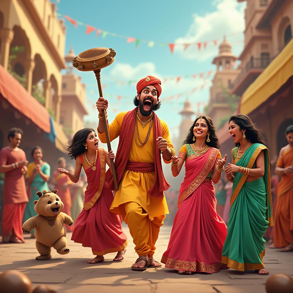 Create a vibrant and colorful scene capturing the essence of a Bollywood comedy movie, featuring characters in traditional Indian attire in a humorous situation with iconic cultural elements in the background