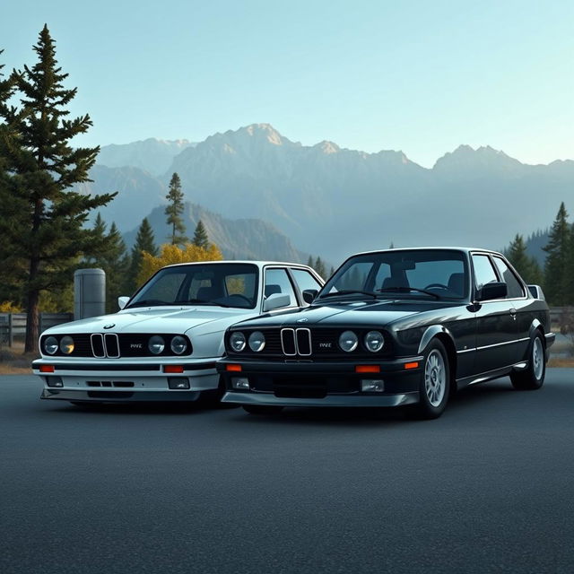 A black BMW E30 parked next to a white BMW E30 in an ultra-realistic landscape