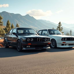 A black BMW E30 parked next to a white BMW E30 in an ultra-realistic landscape