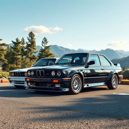 A black BMW E30 parked next to a white BMW E30 in an ultra-realistic landscape