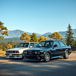 A black BMW E30 parked next to a white BMW E30 in an ultra-realistic landscape