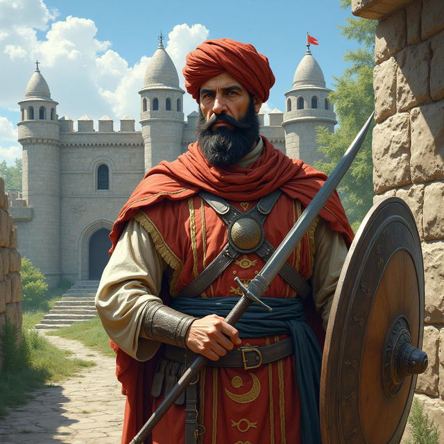 A realistic depiction of a Turkish soldier in traditional Ottoman military attire, standing in front of an ancient fortress with a sword and shield