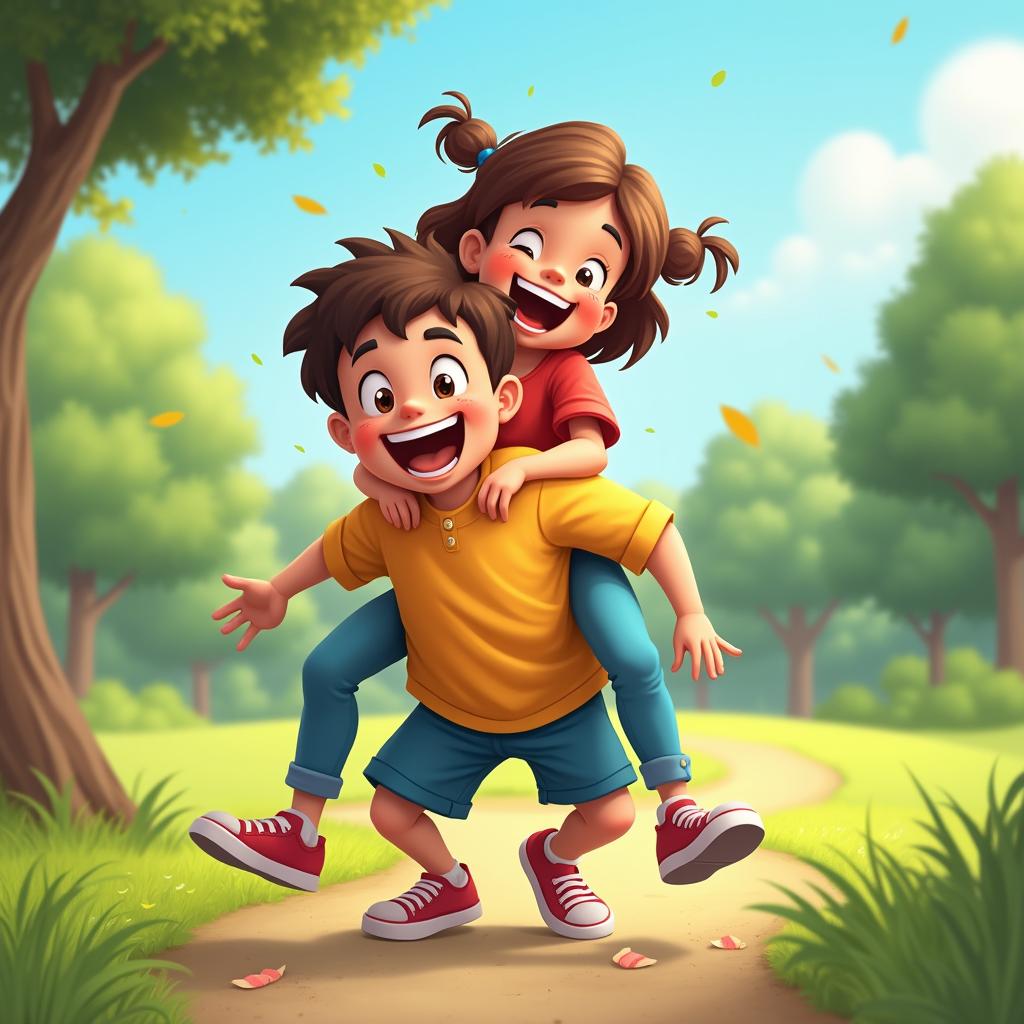 A boy on all fours giving a girl a piggyback ride in a cheerful park setting, both laughing and enjoying the playful moment.